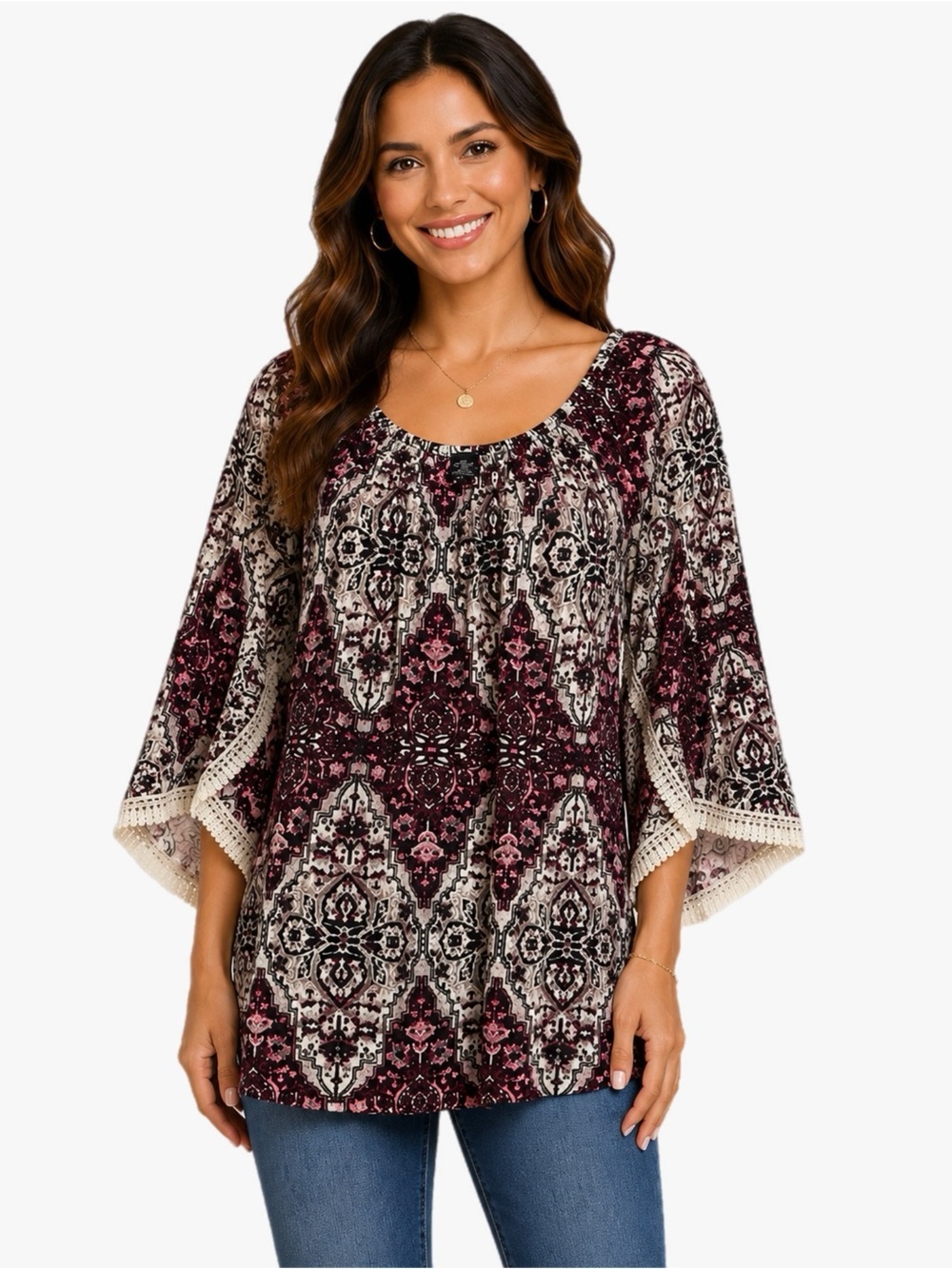 WinWin Pink Cream Geometric Print Lace Trim Sleeve Tunic Top Women’s Size S-M